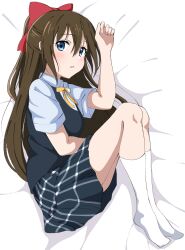 Rule 34 | 1girl, absurdres, black vest, blue eyes, blue shirt, blue skirt, blush, bow, breasts, brown hair, collared shirt, commentary request, dress shirt, from above, full body, hair between eyes, hair bow, half updo, hand up, highres, knees up, long hair, looking at viewer, love live!, love live! nijigasaki high school idol club, lying, medium breasts, miniskirt, neck ribbon, nijigasaki school uniform, no shoes, on bed, on side, open mouth, osaka shizuku, plaid clothes, plaid skirt, pleated skirt, red bow, ribbon, school uniform, shirt, short sleeves, sidelocks, skirt, socks, solo, summer uniform, uchuu no mozuku, vest, white socks, yellow ribbon