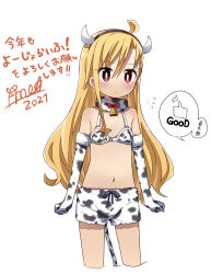 Rule 34 | 1girl, 2021, ahoge, amaa (chou dennou jidai), animal print, arms at sides, bell, bikini, bikini shorts, black hairband, blonde hair, blush, bow, chinese zodiac, clenched hands, closed mouth, commentary request, cow horns, cow print, cow tail, cowbell, cropped legs, dot nose, elbow gloves, english text, fake horns, fake tail, flat chest, flying sweatdrops, fur collar, genderswap, genderswap (mtf), gloves, hair between eyes, hairband, horns, long hair, looking to the side, navel, out of frame, print collar, print gloves, print shorts, red bow, red eyes, shimura akihiko, shorts, signature, simple background, solo focus, speech bubble, standing, stomach, swimsuit, tail, thumbs up, translation request, white background, year of the ox, yo-jo life!