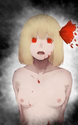Rule 34 | 1girl, blonde hair, blood, blood from mouth, bloody tears, bow, breasts, collarbone, colored eyelashes, gradient background, hair bow, looking at viewer, nipples, open mouth, red eyes, rumia, short hair, small breasts, solo, terimayo, touhou, upper body