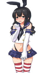 Rule 34 | 1girl, bare shoulders, black hair, black neckerchief, black panties, blush, cosplay, dd (ijigendd), elbow gloves, gloves, grey eyes, hair ribbon, highleg, highleg panties, isonami (kancolle), kantai collection, long hair, looking at viewer, miniskirt, navel, neckerchief, open mouth, panties, personification, ribbon, shimakaze (kancolle), shimakaze (kancolle) (cosplay), skirt, solo, striped clothes, striped thighhighs, tears, thighhighs, underwear