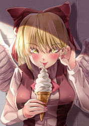 Rule 34 | 1girl, absurdres, blonde hair, blush, bow, bowtie, brown vest, collared shirt, eating, feathered wings, food, gengetsu (touhou), hair between eyes, hair bow, hand in own hair, highres, holding, holding food, ice cream, ice cream cone, long sleeves, looking at viewer, mahoro (minase mahoro), nail polish, pink nails, red bow, red bowtie, shirt, solo, touhou, touhou (pc-98), upper body, vest, white shirt, white wings, wings, yellow eyes