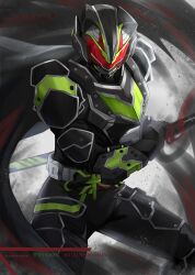 Rule 34 | 1boy, absurdres, animal ears, armor, battoujutsu stance, black armor, black bodysuit, bodysuit, bujinsword buckle, cape, character name, driver (kamen rider), fake animal ears, fighting stance, glowing, glowing eyes, green armor, highres, holding, holding sword, holding weapon, kamen rider, kamen rider geats (series), kamen rider tycoon, kamen rider tycoon bujinsword, katana, male focus, power armor, raccoon ears, raise buckle, ready to draw, red eyes, red visor, sheath, shoulder armor, sword, tokusatsu, unique (pixiv12704744), unsheathing, weapon