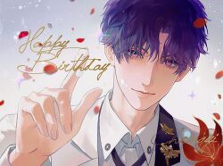Rule 34 | 1boy, black necktie, chongyi2111, closed mouth, collared jacket, collared shirt, cream, cream on face, cream on hands, eyelashes, falling petals, fingernails, flower, food, food on face, formal, hand up, happy birthday, head tilt, highres, jacket, light blush, light smile, looking at viewer, love and deepspace, male focus, multicolored eyes, necktie, parted bangs, petals, portrait, purple eyes, purple hair, rafayel (love and deepspace), red flower, shirt, short hair, simple background, solo, suit, white jacket, white shirt, white suit