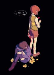 Rule 34 | 2others, artist name, back, black background, boots, brown footwear, brown hair, brown shorts, chara (undertale), english text, flower, frisk (undertale), green vest, hand up, heart, highres, holding, holding knife, knife, lazy kun, long sleeves, multiple others, petals, puffy long sleeves, puffy sleeves, purple footwear, purple sweater, purple thighhighs, shirt, shoes, short hair, shorts, simple background, single stripe, sitting, socks, speech bubble, standing, striped clothes, striped sweater, striped vest, sweater, thighhighs, undertale, vest, white shirt, white socks, yellow flower