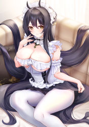 Rule 34 | 1girl, absurdly long hair, absurdres, azur lane, black hair, black skirt, breasts, cleavage, cleavage cutout, clothing cutout, feet out of frame, frills, highres, indomitable (azur lane), indomitable (ms. motivationless maid) (azur lane), large breasts, long hair, looking at viewer, maid headdress, miniskirt, official alternate costume, pantyhose, pleated skirt, sakurahuji-iro, skirt, solo, very long hair, white pantyhose, yellow eyes