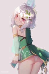 Rule 34 | 1girl, absurdres, antenna hair, arm at side, artist name, ass, bare shoulders, blush, bridal gauntlets, commentary request, cowboy shot, detached sleeves, dress, flower, from behind, green dress, grey background, hair between eyes, hair flower, hair ornament, highres, kokkoro (princess connect!), long sleeves, looking at viewer, looking back, open mouth, pangbai 666, panties, parted lips, pointy ears, princess connect!, red eyes, see-through, see-through sleeves, short dress, short hair, sidelocks, silver hair, simple background, sleeveless, sleeveless dress, smile, solo, staff, standing, underwear, white flower, white panties