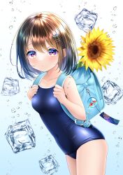 Rule 34 | 1girl, backpack, bag, blue one-piece swimsuit, breasts, brown eyes, brown hair, cloth, commentary request, competition school swimsuit, cowboy shot, flower, gradient background, hair ornament, hairclip, highres, ice, ice cube, one-piece swimsuit, original, randoseru, school swimsuit, short hair, small breasts, solo, sunflower, swimsuit, wabi chazuke, white background