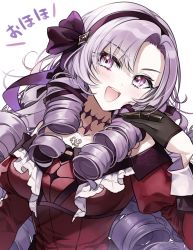 Rule 34 | 1girl, bare shoulders, black gloves, blush, commentary request, dress, drill hair, gloves, hair ribbon, hairband, highres, hyakumantenbara salome, hyakumantenbara salome (1st costume), light purple hair, long hair, long sleeves, nijisanji, open mouth, parted bangs, purple eyes, red dress, ribbon, solo, teeth, translation request, upper body, upper teeth only, virtual youtuber, yukiko (tesseract)