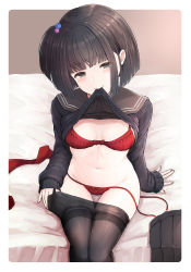 Rule 34 | 1girl, absurdres, amemori sayo, arm support, bed sheet, black pantyhose, black skirt, black sweater, blunt bangs, blush, bow, bow bra, bow panties, bra, breasts, brown eyes, brown hair, brown pantyhose, brown sailor collar, clothes lift, clothes pull, commentary request, fingernails, hair bobbles, hair ornament, head tilt, highres, lifted by self, long sleeves, mouth hold, nail polish, navel, nijisanji, one side up, panties, pantyhose, pantyhose pull, pink nails, pleated skirt, pulled by self, red bra, red panties, sailor collar, side-tie panties, sitting, skirt, sleeves past wrists, small breasts, smile, solo, sweater, sweater lift, temari rin, thighband pantyhose, underwear, untied panties, unworn skirt, virtual youtuber