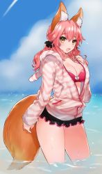 Rule 34 | 10s, 1girl, :d, animal ears, bikini, blush, breasts, cleavage, day, fang, fate/extra, fate/extra ccc, fate (series), fox ears, fox tail, hood, hoodie, large breasts, long hair, looking at viewer, md5 mismatch, miyako (xxxbibit), official alternate costume, open mouth, pink hair, resolution mismatch, smile, solo, source smaller, swimsuit, tail, tamamo (fate), tamamo no mae (fate/extra), tamamo no mae (spring casual) (fate), water, yellow eyes, zipper