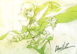 Rule 34 | 1girl, arm warmers, armor, clothes lift, deedlit, dutch angle, elf, female focus, gradient background, green theme, monochrome, pointy ears, record of lodoss war, sketch, skirt, skirt lift, solo, sones, spot color