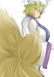 Rule 34 | 1girl, absurdres, blonde hair, blue tabard, blush, breasts, commentary request, dress, fox girl, fox tail, from behind, hat, highres, kuraki, large breasts, long sleeves, mob cap, multiple tails, short hair, solo, standing, tabard, tail, touhou, white background, white dress, wide sleeves, yakumo ran