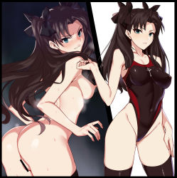 Rule 34 | 1girl, ass, bar censor, black hair, black one-piece swimsuit, black ribbon, black thighhighs, blue eyes, breasts, censored, collarbone, competition swimsuit, covered erect nipples, covered navel, fate/stay night, fate (series), hair ribbon, highleg, highleg swimsuit, highres, long hair, looking at viewer, miga (migao), multiple views, nude, one-piece swimsuit, pussy, red one-piece swimsuit, ribbon, scowl, sideboob, small breasts, swimsuit, thighhighs, tohsaka rin, twintails, two-tone swimsuit