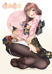 Rule 34 | 1girl, absurdres, blush, braid, brown eyes, brown hair, brown pantyhose, embarrassed, feet, floral print, foot focus, full body, happy new year, highres, japanese clothes, kimono, long hair, long sleeves, looking at viewer, nebusoku, new year, no shoes, one eye closed, open mouth, original, pantyhose, pink kimono, side braid, simple background, soles, solo, swept bangs, tears, toes, trembling, white background