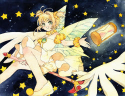 Rule 34 | 1990s (style), 1girl, :d, antenna hair, blonde hair, bloomers, brown hair, butterfly wings, cardcaptor sakura, detached sleeves, dress, fuuin no tsue, gem, green eyes, hair ornament, hair scrunchie, hourglass, insect wings, kinomoto sakura, magical girl, official style, open mouth, painting (medium), petticoat, retro artstyle, riding, scrunchie, short hair, short twintails, shuangnanhuo, smile, solo, star (symbol), traditional media, twintails, underwear, wand, watercolor (medium), wings, wrist scrunchie, yellow bloomers, yellow dress