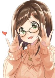 Rule 34 | 1girl, adjusting eyewear, aran sweater, brown hair, cable knit, commentary request, fang, glasses, green eyes, heart, highres, idolmaster, idolmaster cinderella girls, jewelry, long sleeves, looking at viewer, maekawa miku, medium hair, necklace, open mouth, solo, sweater, swepot, swept bangs, turtleneck, turtleneck sweater, upper body, white background