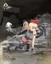 Rule 34 | 1girl, artist request, beret, black footwear, black gloves, blonde hair, blue eyes, boots, braid, braided ponytail, breasts, character name, charging forward, copyright name, dress, english text, fingerless gloves, full body, girls&#039; frontline, gloves, grey dress, grey shirt, grey thighhighs, gun, hand on floor, hat, highres, holding, holding gun, holding weapon, knee pads, kneeling, large breasts, long hair, looking away, machine gun, mechanical legs, mg3, mg3 (girls&#039; frontline), mg3 (mod3) (girls&#039; frontline), mod3 (girls&#039; frontline), official art, open mouth, parted lips, promotional art, red hat, shirt, single mechanical leg, solo, thighhighs, torn clothes, torn dress, torn thighhighs, turtleneck, weapon