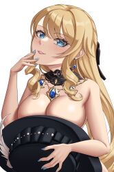Rule 34 | 1girl, black collar, black hat, blonde hair, blue eyes, blue nails, breasts, collar, commentary, drill hair, drill sidelocks, earrings, genshin impact, grin, hand up, hat, head tilt, highres, holding, holding clothes, holding hat, jewelry, large breasts, long hair, looking at viewer, nail polish, navia (genshin impact), necklace, nude, oeffe (oeffe blank), parted lips, pink lips, sidelocks, simple background, smile, solo, unworn hat, unworn headwear, upper body, very long hair, white background