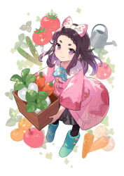 Rule 34 | 1girl, :3, absurdres, apple, black hair, blue flower, blue footwear, blush, boots, box, braid, carrot, closed mouth, coat, commentary request, countdown illustration, cucumber, farmer (frederica), flower, food, frederica (game), from above, fruit, full body, fur collar, highres, holding, holding box, leaf, long hair, long sleeves, looking at viewer, official art, orange (fruit), pink coat, potato, purple eyes, second-party source, smile, solo, standing, tobi (kotetsu), tomato, turnip, watering can, wide sleeves, wooden box