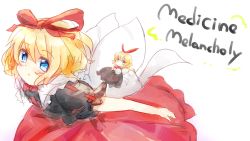 Rule 34 | 1girl, blonde hair, blue eyes, character name, dqn (dqnww), female focus, flower, hair ribbon, lily of the valley, medicine melancholy, ribbon, short hair, skirt, solo, su-san, touhou