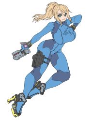 Rule 34 | 1girl, blonde hair, bodysuit, breasts, brups tv, commentary, english commentary, green eyes, gun, high heels, highres, holding, holding gun, holding weapon, jumping, large breasts, looking at viewer, metroid, nintendo, ponytail, samus aran, skin tight, solo, thigh strap, weapon, white background, zero suit