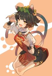 Rule 34 | 1girl, :d, animal ears, bell, breasts, brown eyes, brown hair, cat ears, cat tail, chen, claw pose, cropped legs, dress, earrings, fang, fur trim, gold trim, hat, highres, jewelry, jingle bell, light blush, medium breasts, mob cap, multiple tails, nekomata, open mouth, orange background, red dress, short hair, simple background, single earring, skin fang, smile, solo, tabard, tail, touhou, two tails, u u zan