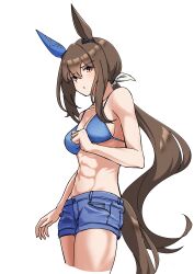 Rule 34 | 1girl, abs, absurdres, admire vega (umamusume), alternate costume, animal ears, bare shoulders, blue bra, blue shorts, bra, breasts, brown hair, cleavage, commentary request, denim, denim shorts, ear covers, from side, hair between eyes, hair ribbon, highres, horse ears, horse girl, horse tail, long hair, looking at viewer, looking to the side, low ponytail, medium breasts, partial commentary, purple eyes, ribbon, senchan 7, short shorts, shorts, simple background, single ear cover, solo, tail, umamusume, underwear, white background, white ribbon