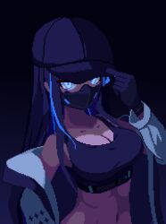 Rule 34 | 1girl, black gloves, black hair, black headwear, blue archive, blue eyes, blue hair, breasts, brodall pixel, cleavage, crop top, gloves, highres, jacket, large breasts, long hair, mask, mouth mask, multicolored hair, navel, open clothes, open jacket, pixel art, saori (blue archive), solo, stomach, streaked hair, white jacket
