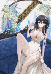 Rule 34 | 1girl, ahoge, azur lane, backless dress, backless outfit, black hair, breasts, center opening, cocktail dress, couch, diaoao bugaoxing, dress, evening gown, flower, foot out of frame, garter straps, hair ornament, highres, jewelry, large breasts, long hair, looking at viewer, necklace, official alternate costume, on couch, plunging neckline, red eyes, satin dress, silver footwear, sitting, sleeveless, sleeveless dress, solo, taihou (azur lane), taihou (temptation on the sea breeze) (azur lane), thighhighs, very long hair, wedding dress, white dress, white flower, white garter straps, white thighhighs