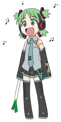 Rule 34 | 1girl, child, cosplay, crossover, detached sleeves, eunos, green eyes, green hair, hatsune miku, hatsune miku (cosplay), koiwai yotsuba, matching hair/eyes, musical note, open mouth, parody, quad tails, solo, spring onion, thighhighs, vocaloid, yotsubato!