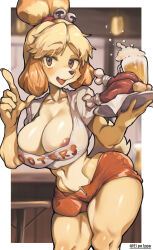 Rule 34 | 1girl, absurdres, alcohol, alternate body size, alternate breast size, animal crossing, animal ears, animal nose, areola slip, beer, beer mug, bell, blonde hair, blurry, blurry background, border, breasts, brown eyes, chicken (food), chicken leg, cleavage, clothes writing, collarbone, colored skin, cropped shirt, cup, curvy, dog ears, dog girl, dog tail, drink, employee uniform, eyelashes, fingernails, food, furry, furry female, hair bell, hair ornament, hands up, highres, holding, holding tray, hooters, index finger raised, indoors, iparupua, isabelle (animal crossing), large breasts, leaning forward, looking at viewer, medium hair, midriff, mug, navel, nintendo, open clothes, open fly, open mouth, open shorts, orange shorts, outside border, shirt, short shorts, short sleeves, shorts, skindentation, smile, snout, solo, square neckline, standing, stomach, tail, topknot, tray, twitter username, uniform, waitress, white border, yellow skin