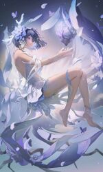 Rule 34 | 1girl, bare legs, bare shoulders, barefoot, black hair, blue eyes, blue hair, bug, butterfly, chinese commentary, dress, falling petals, feet, floating, flower, full body, hair flower, hair ornament, highres, honkai (series), honkai impact 3rd, insect, kkia, legs, light particles, parted lips, petals, purple flower, seele vollerei, seele vollerei (herrscher of rebirth), short hair, solo, toes, white dress