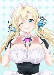 Rule 34 | 1girl, alternate costume, alternate hairstyle, blonde hair, blue eyes, boku wa tomodachi ga sukunai, breasts, butterfly hair ornament, cleavage, enmaided, hair ornament, highres, kashiwazaki sena, large breasts, long hair, looking at viewer, maid, maid headdress, official art, one eye closed, open mouth, ribbon, ribbon-trimmed legwear, ribbon trim, smile, solo, twintails, upper body, watanabe yoshihiro
