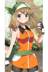 Rule 34 | 1girl, absurdres, bandana, bare arms, bike shorts, blush, brown eyes, brown hair, clenched hand, closed mouth, commentary request, cowboy shot, creatures (company), dress, eyelashes, fanny pack, game freak, gloves, green bag, green bandana, hand up, highres, holding, holding poke ball, may (pokemon), medium hair, nintendo, orange dress, pillarboxed, poke ball, pokemon, pokemon emerald, pokemon rse, premier ball, sleeveless, sleeveless dress, smile, solo, split mouth, white gloves, yuihico