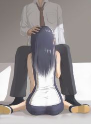 Rule 34 | 1boy, 1girl, black legwear, black pants, blue eyes, breast pocket, copyright request, from behind, hand on another&#039;s head, head out of frame, highres, implied fellatio, kagome misaki, long hair, motsunukisuki, necktie, pants, pocket, red neckwear, sitting, wariza, white background