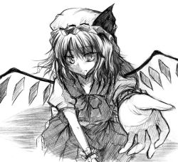Rule 34 | 1girl, all fours, arm support, bow, bowtie, crystal, dress, female focus, flandre scarlet, frills, greyscale, hat, looking at viewer, misana, mob cap, monochrome, outstretched arms, simple background, solo, touhou, white background, wings, wrist cuffs