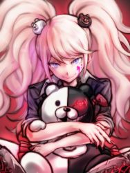 Rule 34 | 1girl, bad id, bad pixiv id, black jacket, blood, blood on face, blue eyes, boots, bow, brown footwear, closed mouth, danganronpa: trigger happy havoc, danganronpa (series), enoshima junko, hair between eyes, hair ornament, hishui prpr, jacket, long hair, looking at viewer, miniskirt, monokuma, nail polish, pink blood, pleated skirt, rabbit hair ornament, red bow, red nails, red skirt, silver hair, sitting, skirt, sleeves rolled up, smile, solo, swept bangs, twintails, very long hair