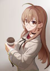 Rule 34 | 1girl, ahoge, ashamutoki, berry, black choker, brown eyes, brown hair, brown hoodie, choker, chromatic aberration, coffee cup, crossed bangs, cup, disposable cup, earrings, food-themed earrings, glasses, highres, holding, holding cup, hololive, hololive english, hood, hoodie, jewelry, long hair, looking at viewer, multicolored hair, nanashi mumei, nanashi mumei (casual), necklace, official alternate costume, red shirt, round eyewear, shirt, sleeves past wrists, smile, streaked hair, sweater, virtual youtuber, white sweater, wide sleeves