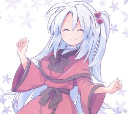 Rule 34 | 1girl, black bow, bow, capelet, commentary request, dress, closed eyes, hair bobbles, hair ornament, long hair, long sleeves, one side up, red dress, sash, shinki (touhou), smile, solo, touhou, touhou (pc-98), very long hair, white hair, wide sleeves, yutamaro
