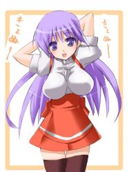 Rule 34 | 1boy, breast padding, breasts, happiness!, long hair, looking at viewer, male focus, open mouth, purple eyes, purple hair, smile, solo, thighhighs, tori (minamopa), trap, watarase jun