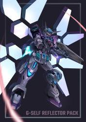 Rule 34 | absurdres, afterimage, beam rifle, brayanong999, character name, clenched hand, energy gun, g-self, grey background, gun, gundam, gundam g no reconguista, highres, holding, holding gun, holding weapon, mecha, mechanical wings, no humans, robot, solo, weapon, wings