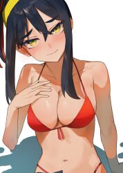 Rule 34 | 1girl, alternate hairstyle, amepa (ame pinecandy), bare shoulders, bikini, black hair, breasts, carmine (pokemon), cleavage, close-up, collarbone, commentary, creatures (company), crossed bangs, game freak, hair between eyes, hair up, hairband, head tilt, highres, large breasts, long hair, looking at viewer, mole, mole under eye, multicolored hair, navel, nintendo, pokemon, pokemon sv, solo, swimsuit, two-tone hair, yellow eyes, yellow hairband