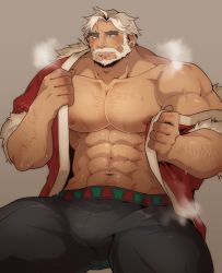 Rule 34 | 1boy, abs, arm hair, bara, bare pectorals, beard, black pants, blue eyes, blush, breath, bulge, chest hair, cookie run, dark-skinned male, dark skin, eggnog cookie, facial hair, highres, large pectorals, male focus, mature male, mikky, muscular, muscular male, mustache, navel, navel hair, nipples, official alternate costume, pants, pectorals, santa costume, short hair, single bare shoulder, sitting, solo, stomach, thick eyebrows, thick thighs, thighs, white hair