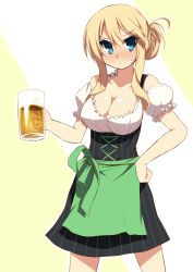 Rule 34 | 10s, 1girl, alcohol, alternate costume, alternate hairstyle, apron, beer, beer mug, bismarck (kancolle), blonde hair, blue eyes, blush, breasts, cleavage, cup, detached sleeves, dirndl, german clothes, highres, hoppege, kantai collection, large breasts, long hair, looking at viewer, mug, no headwear, no headwear, oktoberfest, personification, solo, traditional clothes, underbust, waist apron