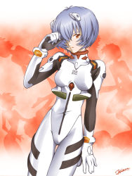 Rule 34 | 1girl, ann yosh, antenna hair, ayanami rei, blue hair, bodysuit, bracer, breasts, clenched hand, cowboy shot, expressionless, gloves, hair ornament, hair over one eye, hand up, highres, neon genesis evangelion, pilot suit, plugsuit, red background, red eyes, short hair, signature, silhouette, skinny, small breasts, solo, thigh gap, turtleneck