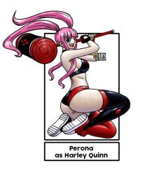 Rule 34 | ass, black eyes, black thighhighs, breasts, cosplay, hammer, harley quinn, harley quinn (cosplay), iury padilha, large breasts, long hair, one piece, perona, pink hair, red thighhighs, short shorts, shorts, sideboob, smile, tagme, thighhighs, twintails, wide hips