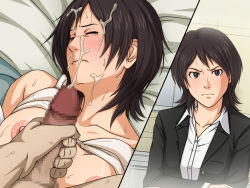 Rule 34 | 1boy, 1girl, 2koma, aftersex, amagami, angry, bare shoulders, bed, before and after, black eyes, black hair, blush, bra, bra lift, breasts, censored, closed mouth, comic, crying, cum, cum in mouth, cum on hair, closed eyes, facial, formal, hetero, looking at viewer, lying, matching hair/eyes, medium breasts, mosaic censoring, negurie, nipples, on bed, penis, pov, raised eyebrows, short hair, sitting, sitting on person, suit, sweat, sweatdrop, takahashi maya, tears, ugly man, underwear, white bra