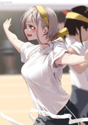 Rule 34 | 3girls, blue eyes, blurry, blurry background, breasts, commentary request, fang, grey hair, hairband, jonsun, medium breasts, multiple girls, open mouth, original, outstretched arms, riku (jonsun), running, shirt, short hair, short sleeves, sidelocks, skin fang, solo focus, twitter username, white shirt, yellow hairband