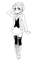 Rule 34 | 1boy, bad id, bad pixiv id, boots, cabbie hat, cosplay, crossdressing, full body, greyscale, hat, inazuma eleven, inazuma eleven (series), jacket, knee boots, long sleeves, looking to the side, male focus, miyasaka ryou, monochrome, open clothes, open jacket, outstretched hand, school uniform, simple background, sketch, skirt, solo, standing, thighhighs, tomo (sjim), white background, yuri kuma arashi, yurigasaki lulu, yurigasaki lulu (cosplay), zettai ryouiki