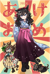 Rule 34 | 2024, 2girls, 2others, ahoge, alternate costume, alternate hairstyle, animal ears, black footwear, black hair, blue eyes, blue kimono, boots, brown hair, character request, commentary request, creature and personification, hair between eyes, hair ornament, hairclip, hat, highres, horse, horse ears, horse girl, horse tail, japanese clothes, katsuragi ace (umamusume), kimono, long hair, long sleeves, looking at viewer, mr. c.b. (umamusume), multicolored hair, multiple girls, multiple others, real life, shirt, smile, streaked hair, sunookonayuki, tail, top hat, translation request, umamusume, wide sleeves
